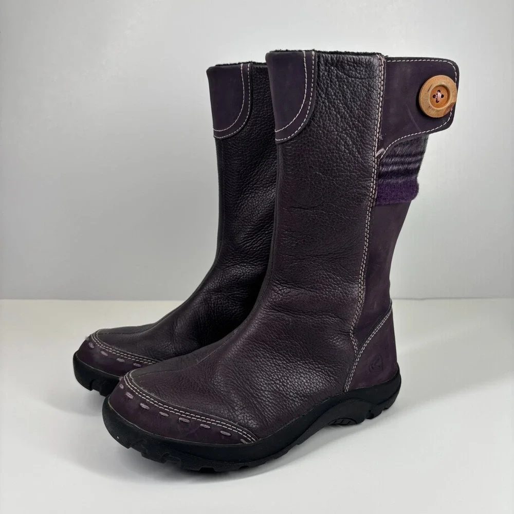 KEEN Darby Boots Kids Youth US 3 Sweet Grape Purple Plaid Leather Mid-Calf Boots